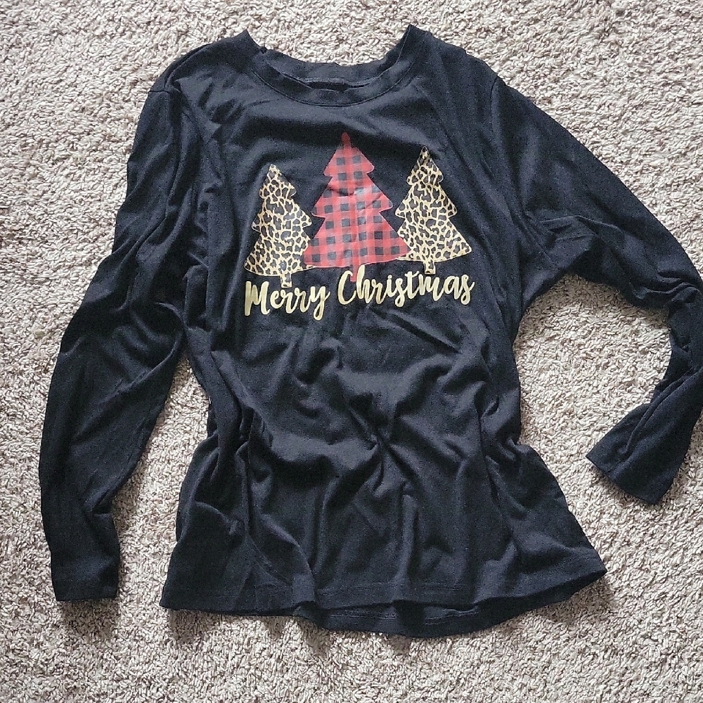 Black Graphic Long Sleeve Hoodie with Christmas Design